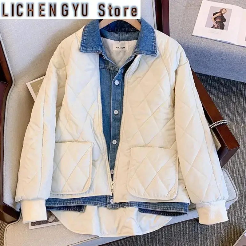 Denim Stitching Thin Cotton-Padded Jacket Women Short Autumn Winter Fashion Fake Two Pieces Diamonds Particularly Trendy