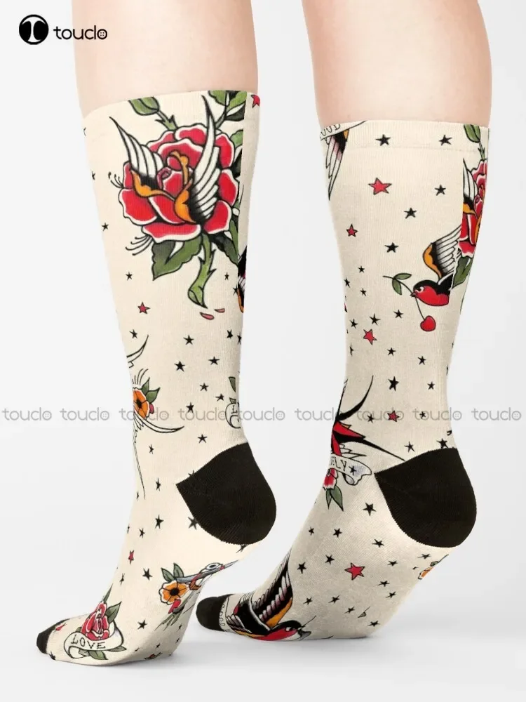 Tattoo Flash Sheet N 1 Socks White Long Socks Christmas Gift Unisex Adult Teen Youth Socks Custom 360° Digital Print Women Men