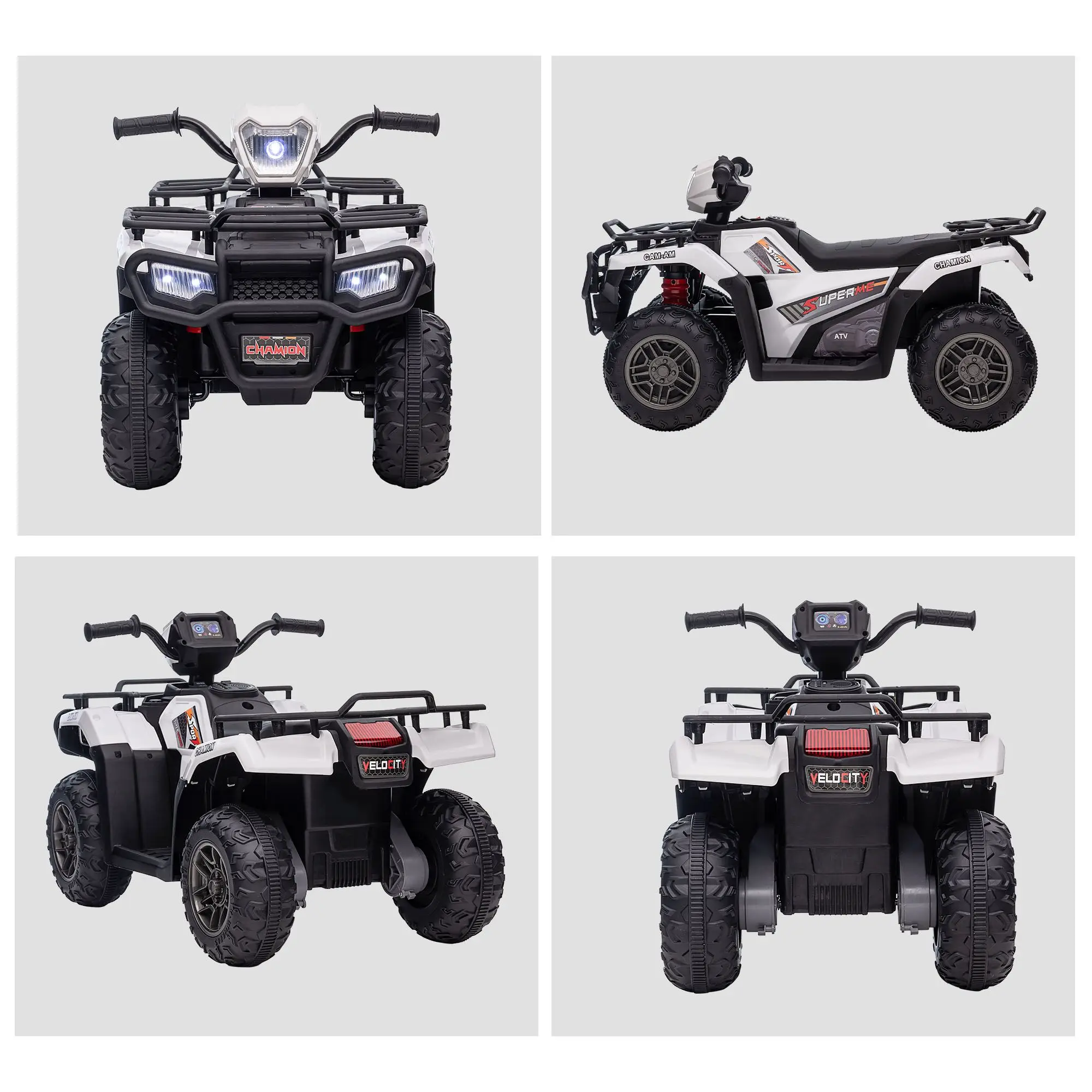 Crianças Elétricas 4 Rodas com Farol, Música, MP3 Pneus Treadados Aosom 12V Ride on ATV para Crianças Alimentado por Bateria Kids Quad Branco