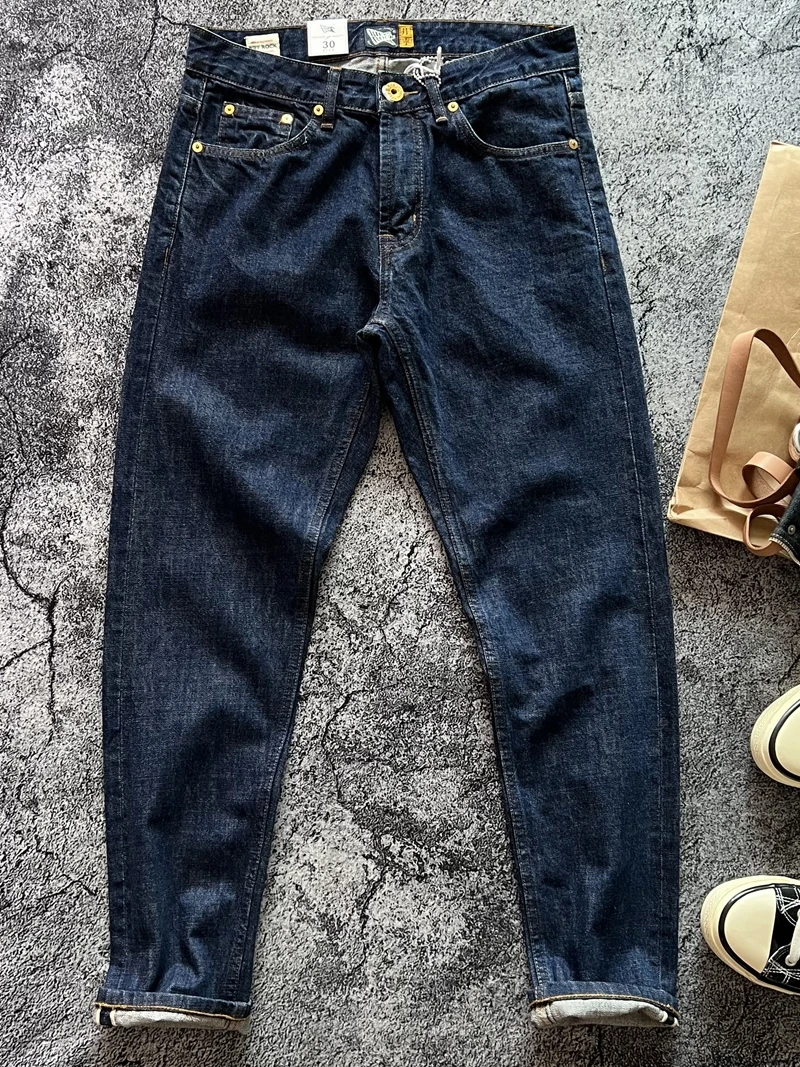 14oz High Quality 100% Cotton One Wash Raw Deep Blue Denim Jeans for Men Red Selvedge Slim Straight Pants Vintage y2k Youth Male