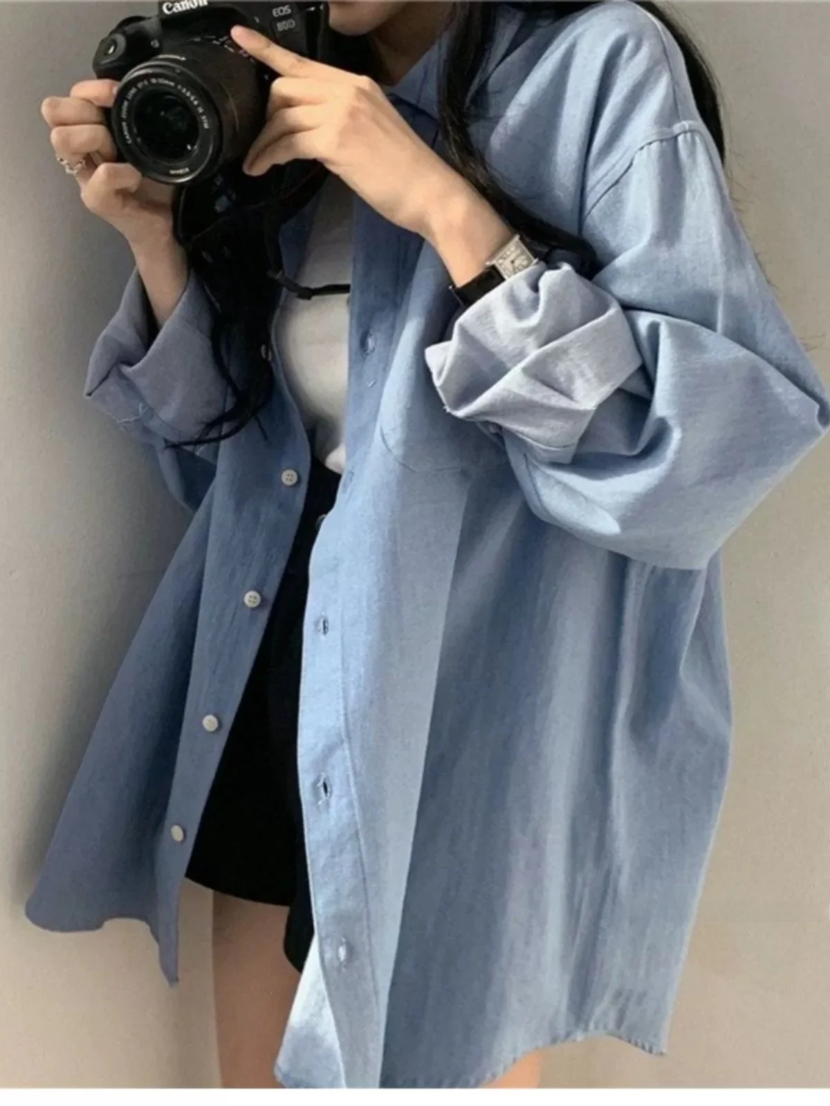 

Women's Denim irt Spring Loose Fit Outerwear Long Sve Versatile Mid-Length Thin Coat Classic Sle Casual Chic