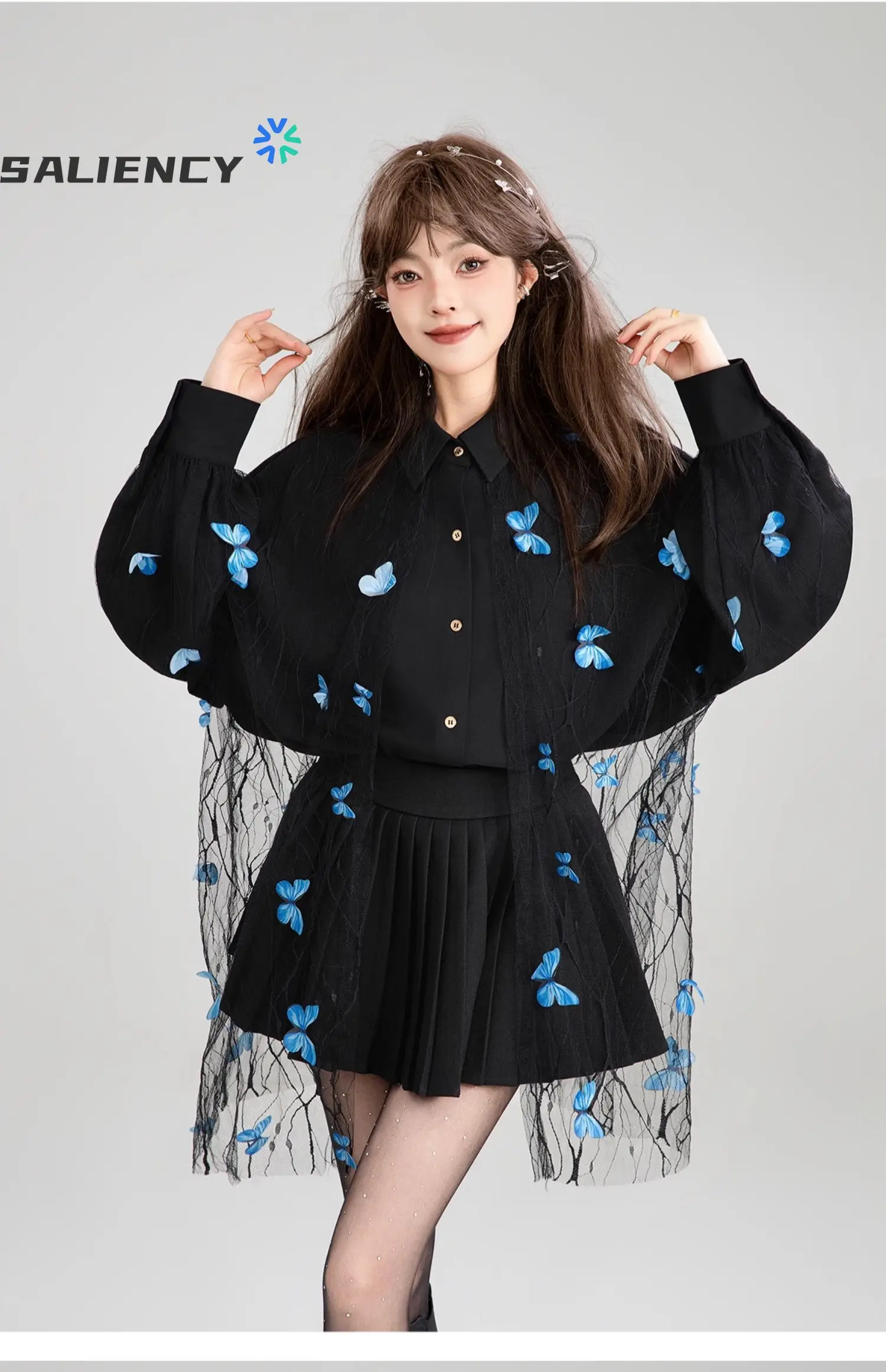 

Harajuku Butterfly Print Black Blouse Women 2025 Summer Embroidered Lace Splicing Top Oversized Breathable Lapel Shirt