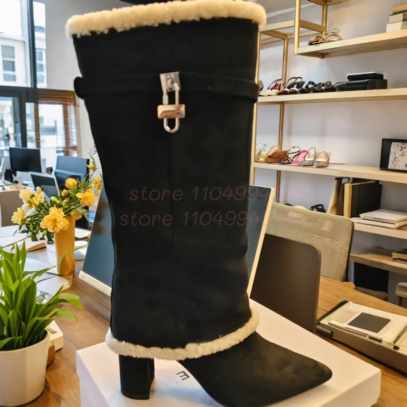Plush Trim Metal Buckle Pointed Boots Women Black White Chunky Heel Knee High Boots Autumn Winter Fashion Elegant Woman Shoes