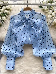 2025 Women's Vintage Festival Polka Dots Single Breasted Shirt Elegant Sweet Bow Long Sleeve Loose Office Ladies Blouses Tops