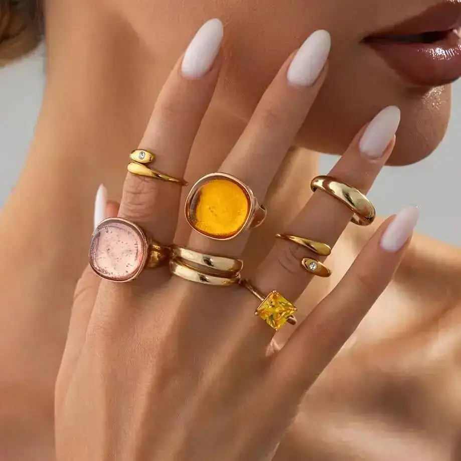 SHIXIN Trendy 7 Pcs/set Geometric Luxury Gold Color Open Rings Women Vintage Irregular Metal Finger Ring Wedding Bridal Jewelry
