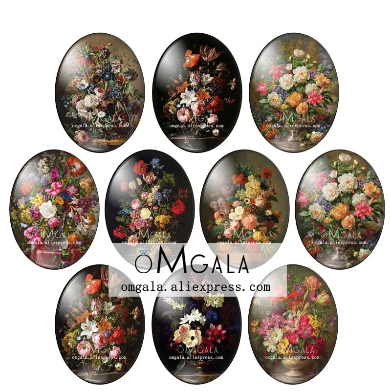 Pintura a óleo vintage rosa flores vaso, oval foto vidro cabochão, parte traseira plana, fazendo descobertas, 10pcs, 13x1, 8mm, 18x2, 5mm, 30x40mm