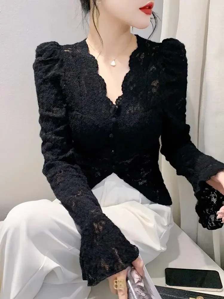 Spring Summer V-neck Lace T-shirt Slim Women Long Sleeve Shirt Button Irregular Short Tops Puff Sleeves Vintage Chic Design Tees