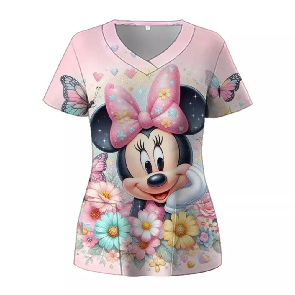 Disney Nurse Uniform Pocket Korean Clothing Black Pink Minnie Mouse Mickey Top Y2k Clothes For Women Women's Oversize T-shirt