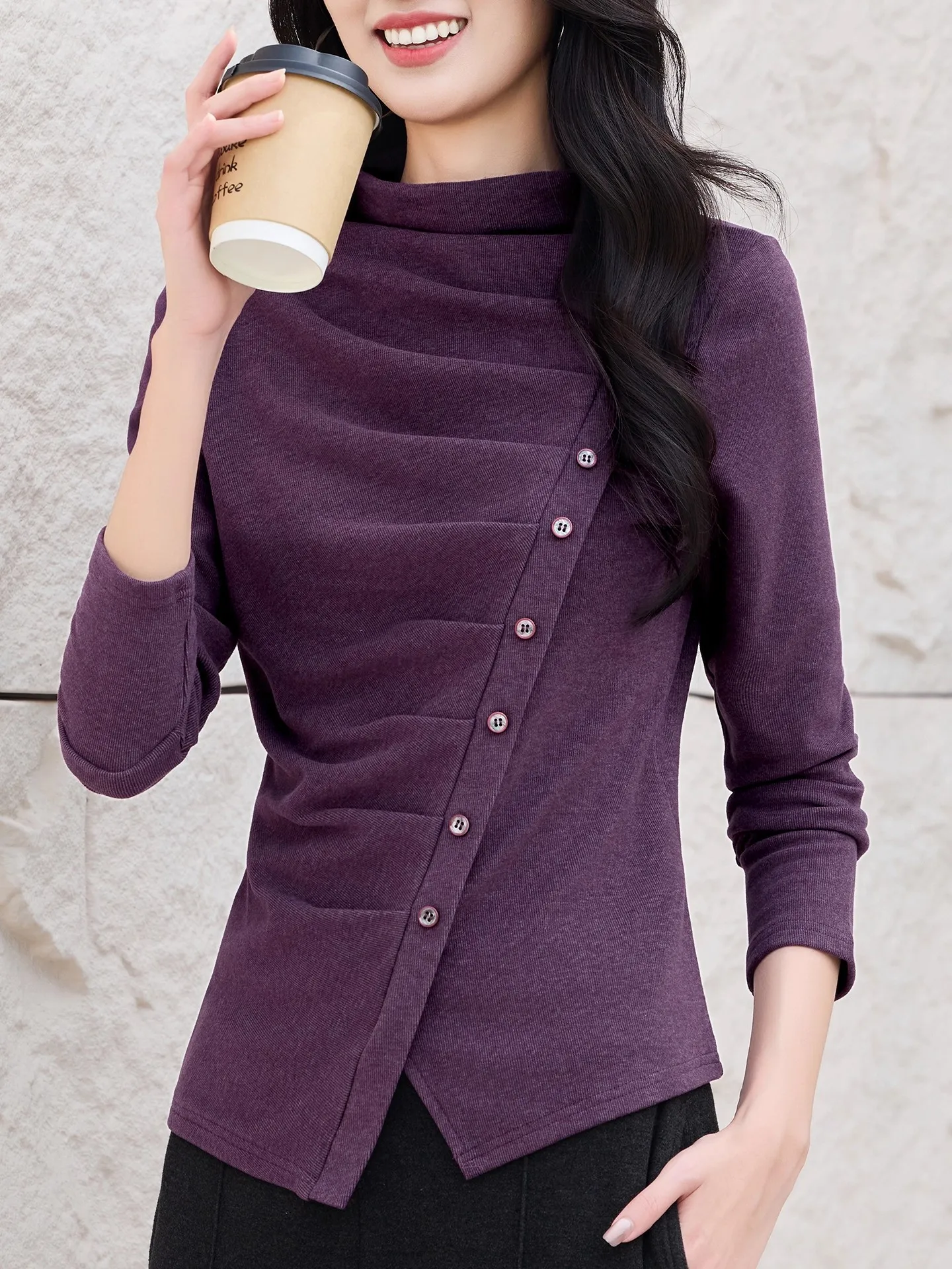 New Women Autumn Winter Irregular Design T-shirt Fashion Half High Collar Slim Waist Asymmetric Tees Casual Daily T-shirt Female