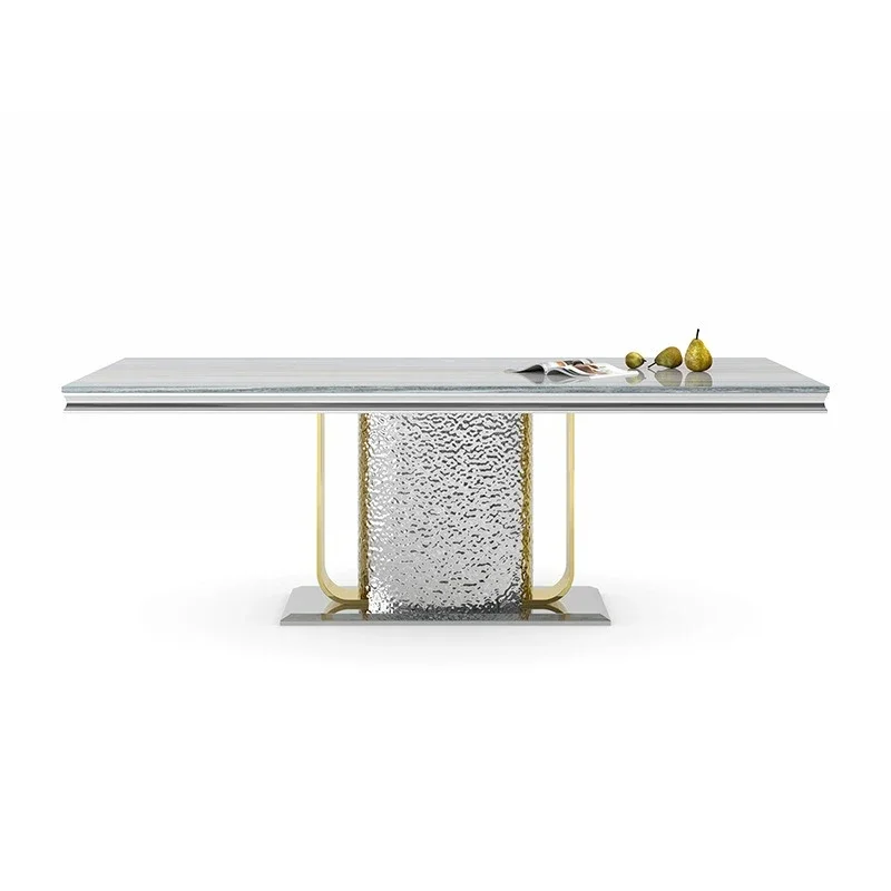 

Marble dining table household high-end 2.2 meters eating table European stainless steel dining table and chair combination