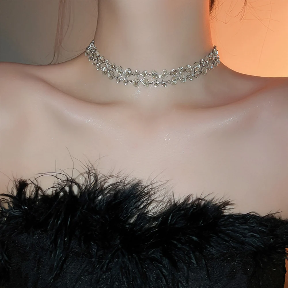 

Fashion Trendy Diamond Oval Double Layer Necklace Earrings Bracelet for women's girl Choker Jewelry Set