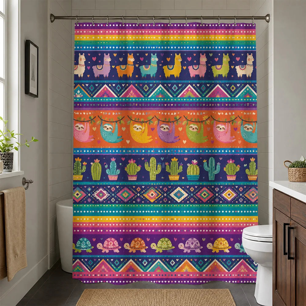 Vibrant Rainbow Pattern Shower Curtain with Cute Cartoon Animals Bohemian Bathroom Decor
