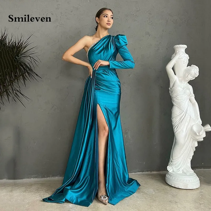 

Smileven Blue Dubai Evening Dresses Long Sleeve One Shoulder Beading Party Dress Side Split Night Formal Occasion Dresses 2023