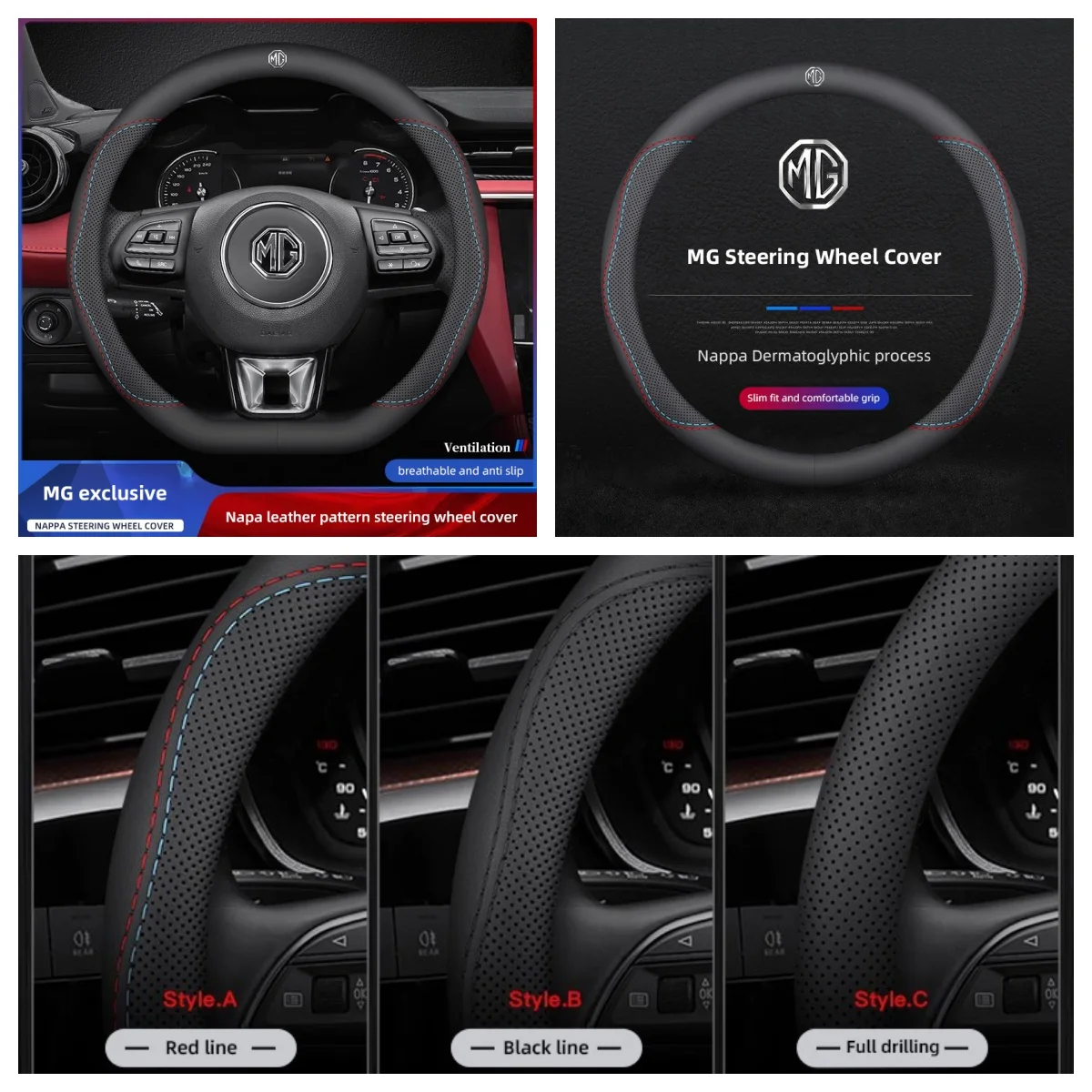 1Pcs Napa Leather Car Steering Wheel Cover For MG4 MG5 MG6 MG ZS MG HS Breathable Anti‑Slip Hand‑Sewing Style Steering Protector