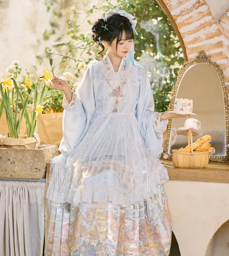 

New Hanfu Women Ming System Pipa Sleeves Cross Collar Shirt Blue Horse-face Skirt Fiesta Carnival Halloween Cos Cosplay