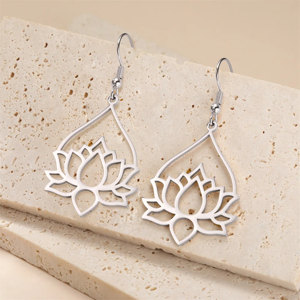 My Shape Hollow Lotus Drop Earrings for Women Stainless Steel Flower Dangle Earring Yoga Buddhism Jewelry Gifts Amulet Wholesale