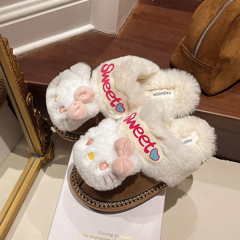 Kawaii مرحبا كيتي الكرتون النعال الفتيات الشتاء الصوف بطانة دافئة تنوعا عارضة في الهواء الطلق أفخم نعال من القطن لطيف هدية