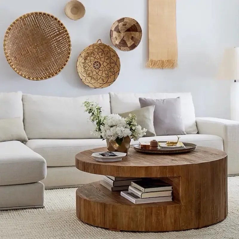 Vintage solid wood living room circular coffee table, Nordic minimalist wooden small tea table, creative idea