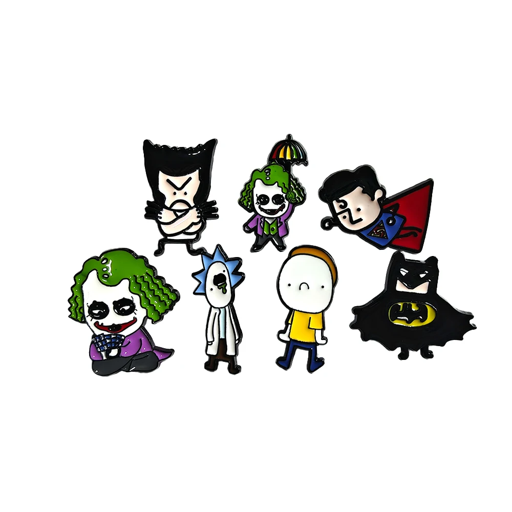 

7pcs Minimalist Funny Characters Pins Set Cute Bat Super Wolfman Brooches Cartoon Metal Badges for Backpack Jewelry Gift for Kid