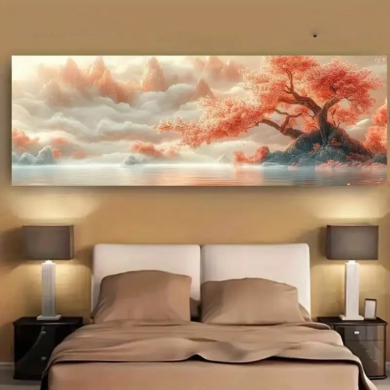 Red-pink Cherry Blossoms,Fog Mountain 5D Diy Diamond Art Full Square Round Jewelry Cross Stitch Mosaic Large Diamond Painting
