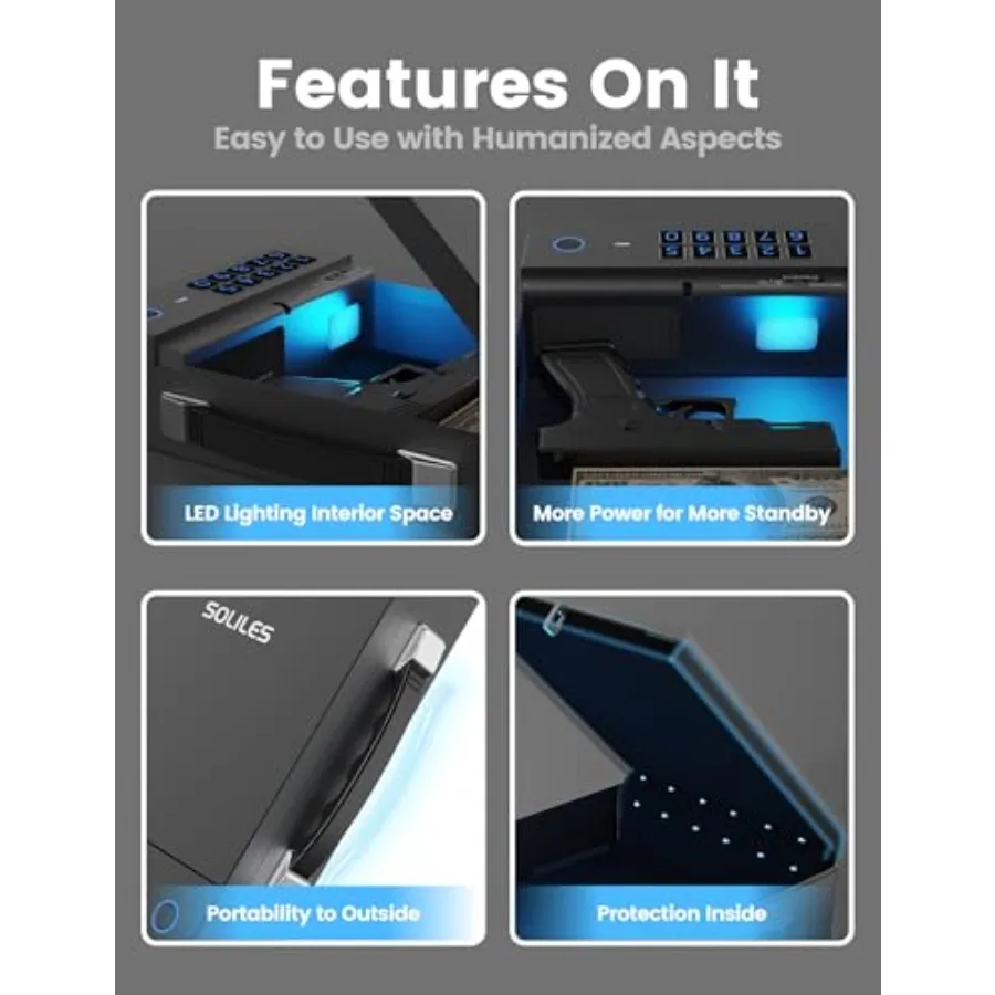 Portable Gun Safe Biometric Pistol Safe Rechargeable 4Ways Unlock APP/Fingerprint/Keyboard/Key 100Fingerprint Memory/Secure Han view 5