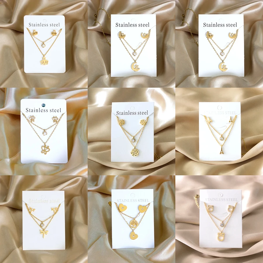 Trendy Double Chain Pendants Necklace Earring Sets Stainless Steel Owl Heart Shape Shiny Zirconia Women Rust Proof Birthday Gift
