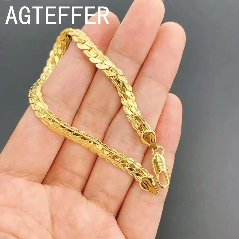 

New 925 Sterling Silver 18K Gold 8 Inches 6MM Side Chain Bracelet For Women Fashion Charm Men Jewelry Gift Accessories