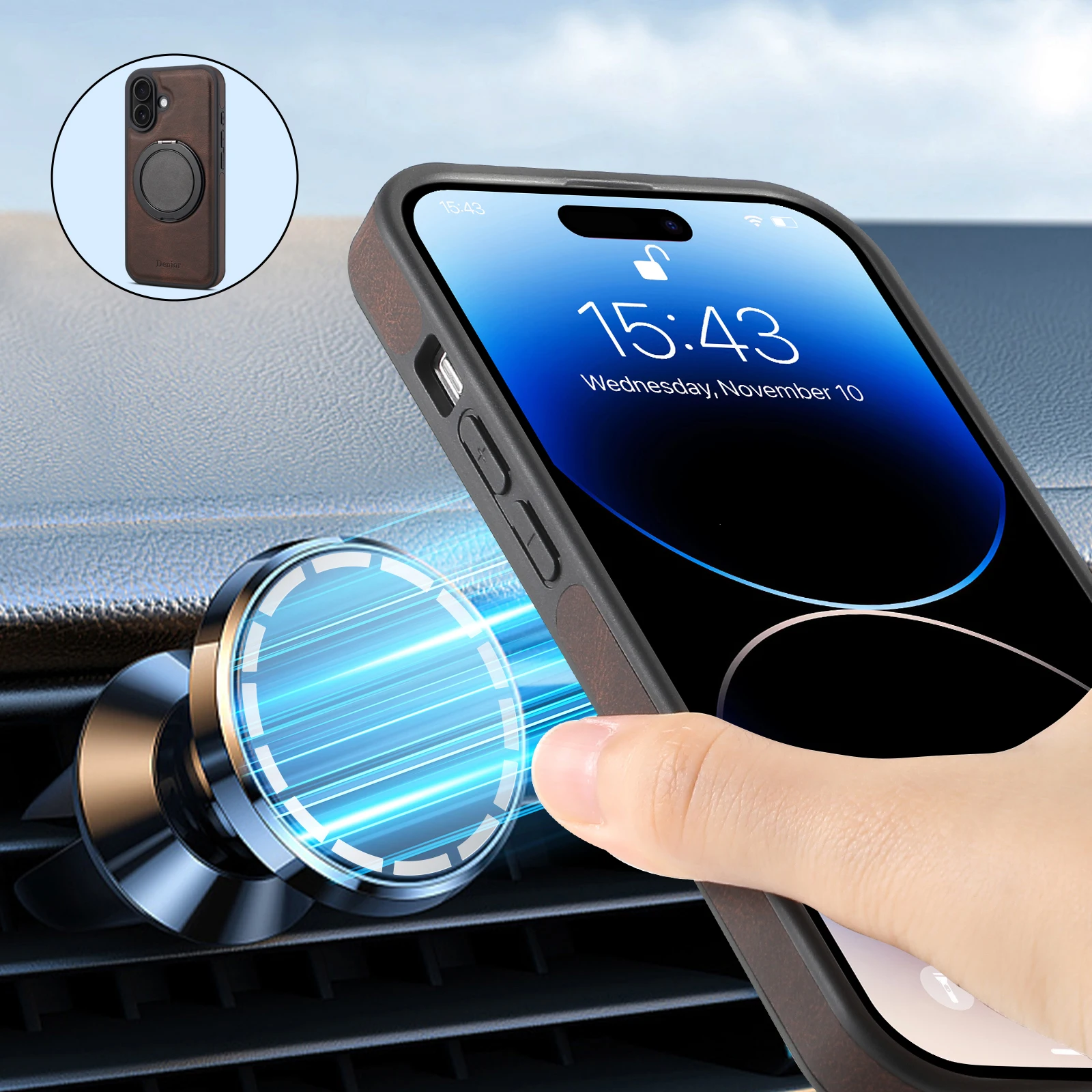 Handyhülle 360 ° Drehbarer Ständer mit Kunstleder-Ringverschluss für iPhone 18 Pro Max 17 Air 16 Plus 15 14 13 12 – Detail 8