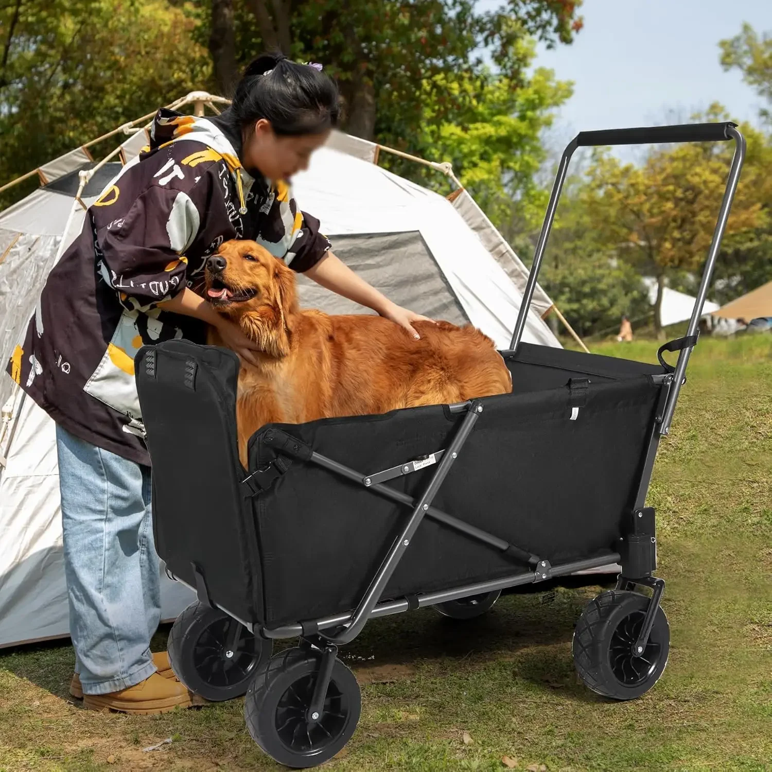 Folding Dog Wagon Cart with Extendable Rear End Heavy Duty, 220L Large Collapsible Utility Cart Dog Stroller with Tailgate