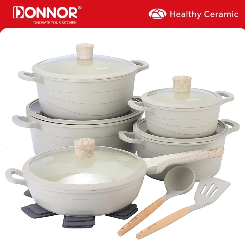 DONNOR 15-teiliges Keramiktöpfe- und Pfannenset, antihaftbeschichtet, gesundes Kochgeschirr-Set, Küchen-Kochset mit Bratpfanne, Induktions-Wohnmobil-Set JT530