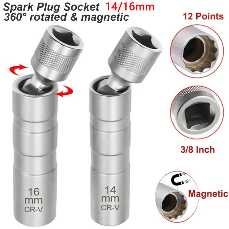 

1pc 14mm/16mm 360° Swivel Magnetic Spark Plug Socket Removal Installation Tool 12 Point 3/8inch Drive Thin Wall Spark Plug Tool