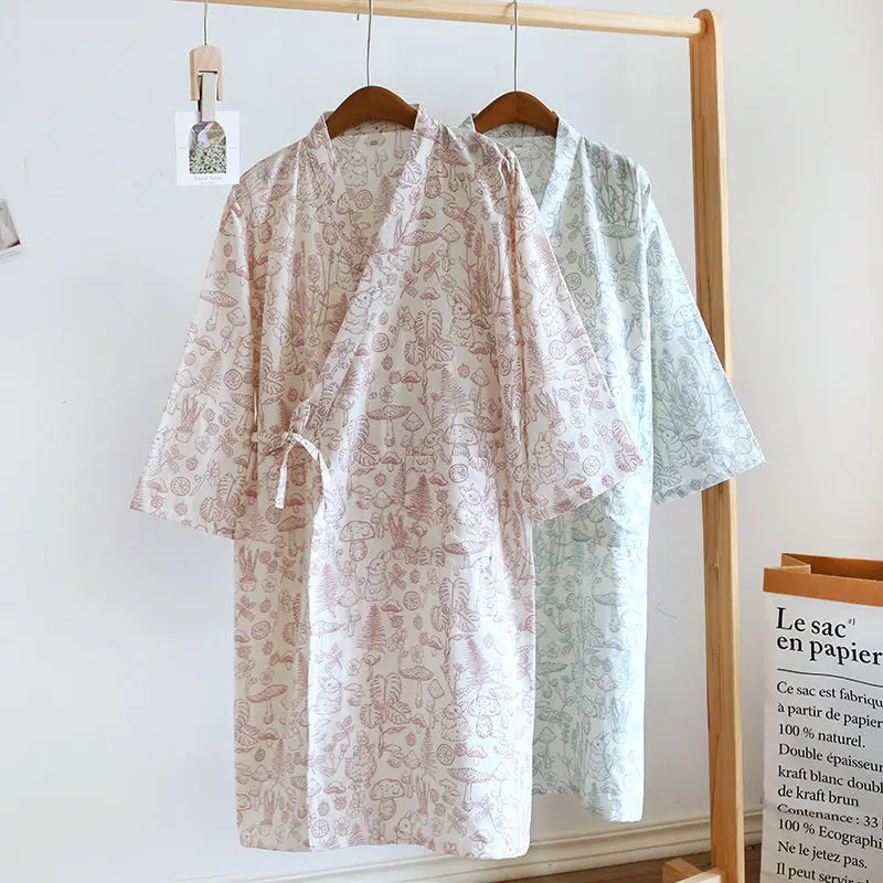 Japanese Series Ms. Pure Cotton Double Gauze Frenum Long Sleeve Home Skirt Night Gown Bathrobe Summer Refreshing Comfort Loose