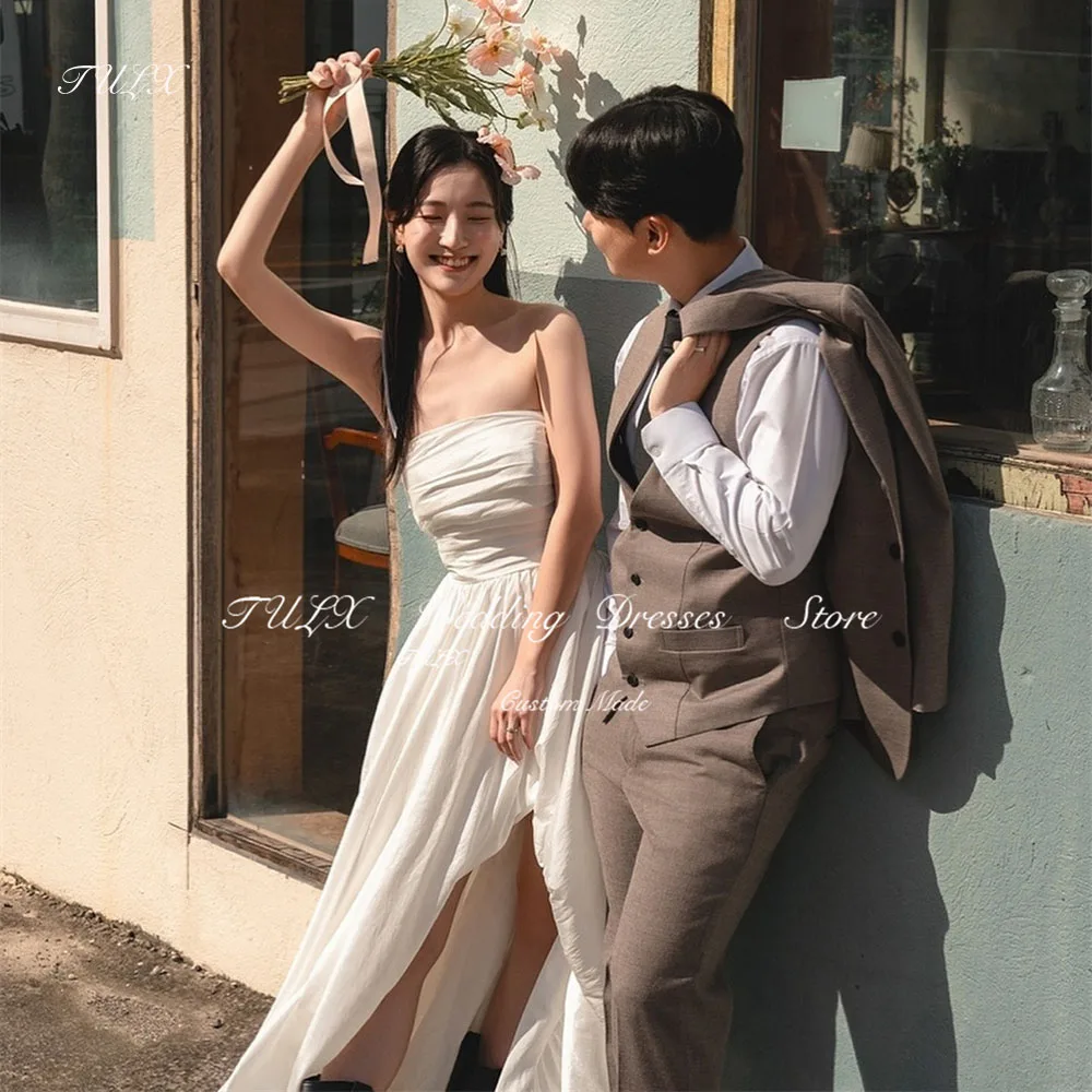 

TULX Simple Strapless Taffeta Korea Wedding Photo Shoot Dress A line Long Slit Bridal Gowns Custom Made 웨딩드레스 Corset Back 2025