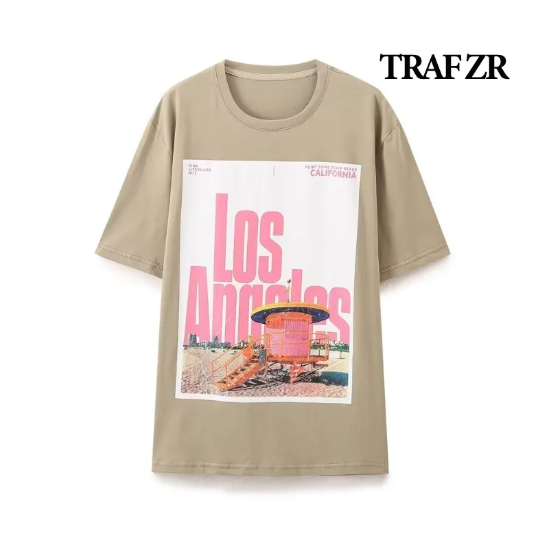 Traf Zr Basic T-Shirts Vrouw Zomer 2024 Korte Mouw Tee Y 2K Dames T-Shirt Kaki Print Letter Tops O-hals Vrouwen Tops