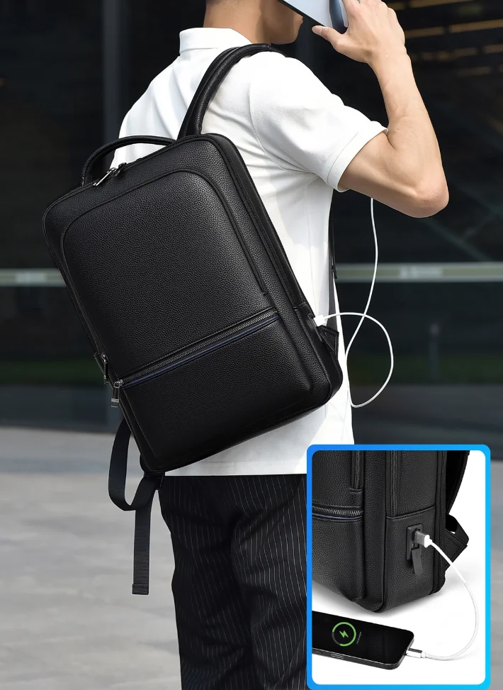 

Executive Backpack Men PU Leather Satchel USB Charging Briefcase Office Travel Laptop Office Business Shoulder Back Pack Male 배낭