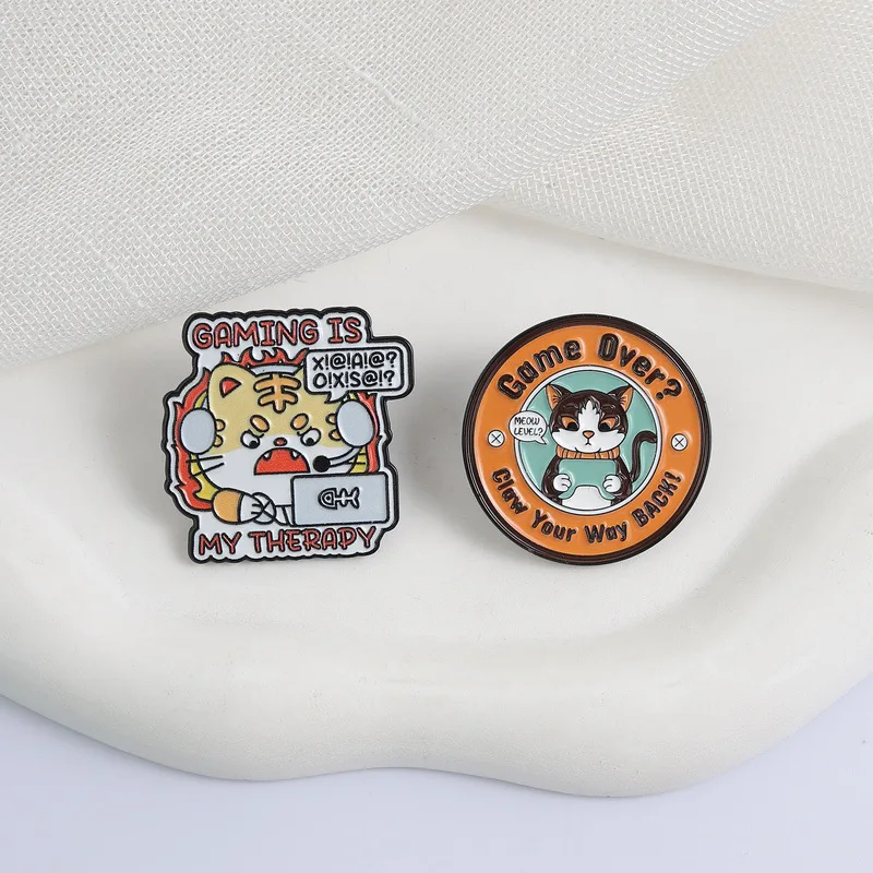 Gaming Is My Therapy Enamel Pin Cartoon Angry Cat Tiger Game Over?Claw Your Way Back Animal Brooch Lapel Badge Cute Jewelry Gift
