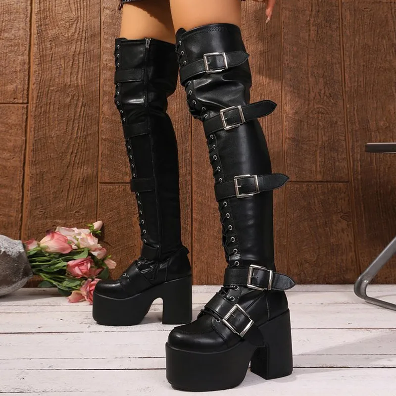 

Luxury 2026 Punk Goth Women Motorcycle Boots Block High Heels Platform Shoes Woman New Brand Fashion Design Cool Street Boots