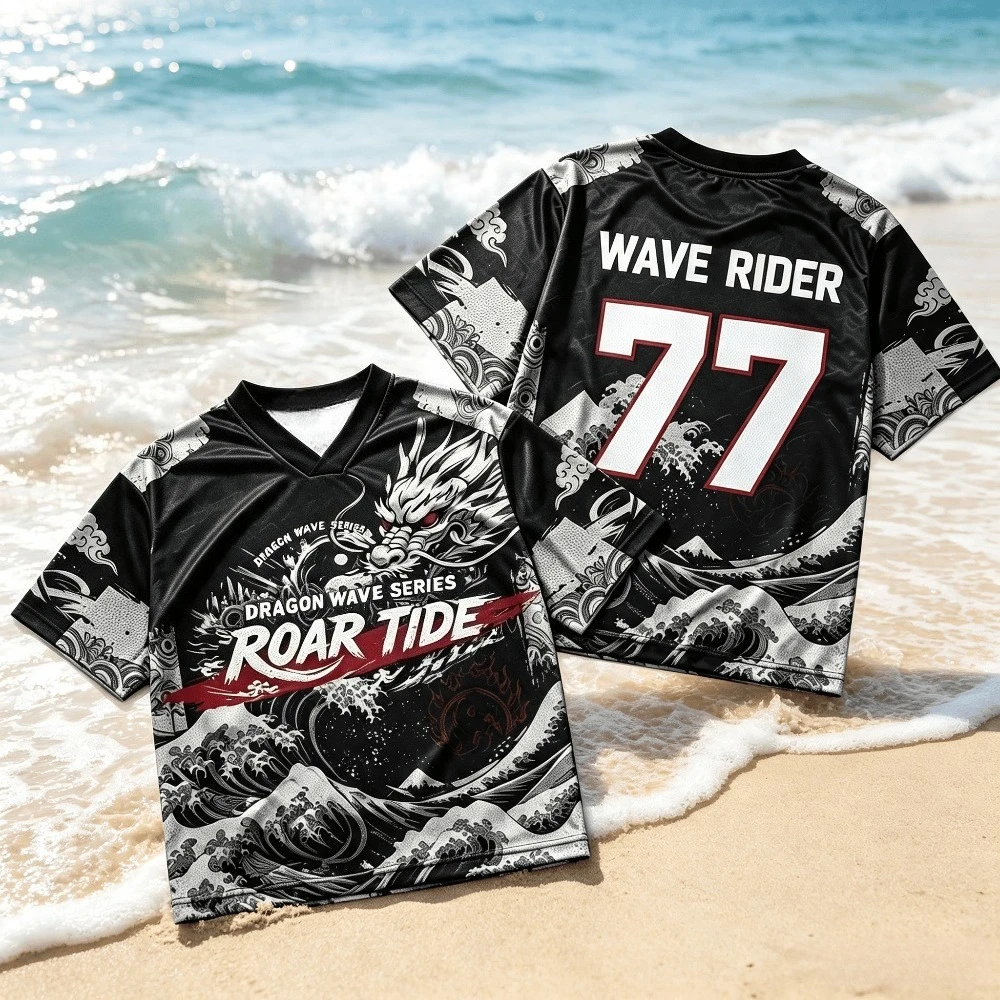 Oriental Dragon Ocean Wave Print Men Jersey T-Shirt Hip Hop Casual Sports V Neck Tee