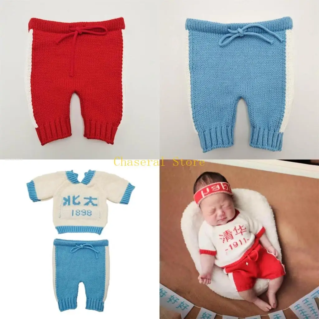 E7CE 2 Pcs Newborn Photography Props Knit Crochet Costume Baby Short Sleeve Tops Pants Set Infants Photo Clothing