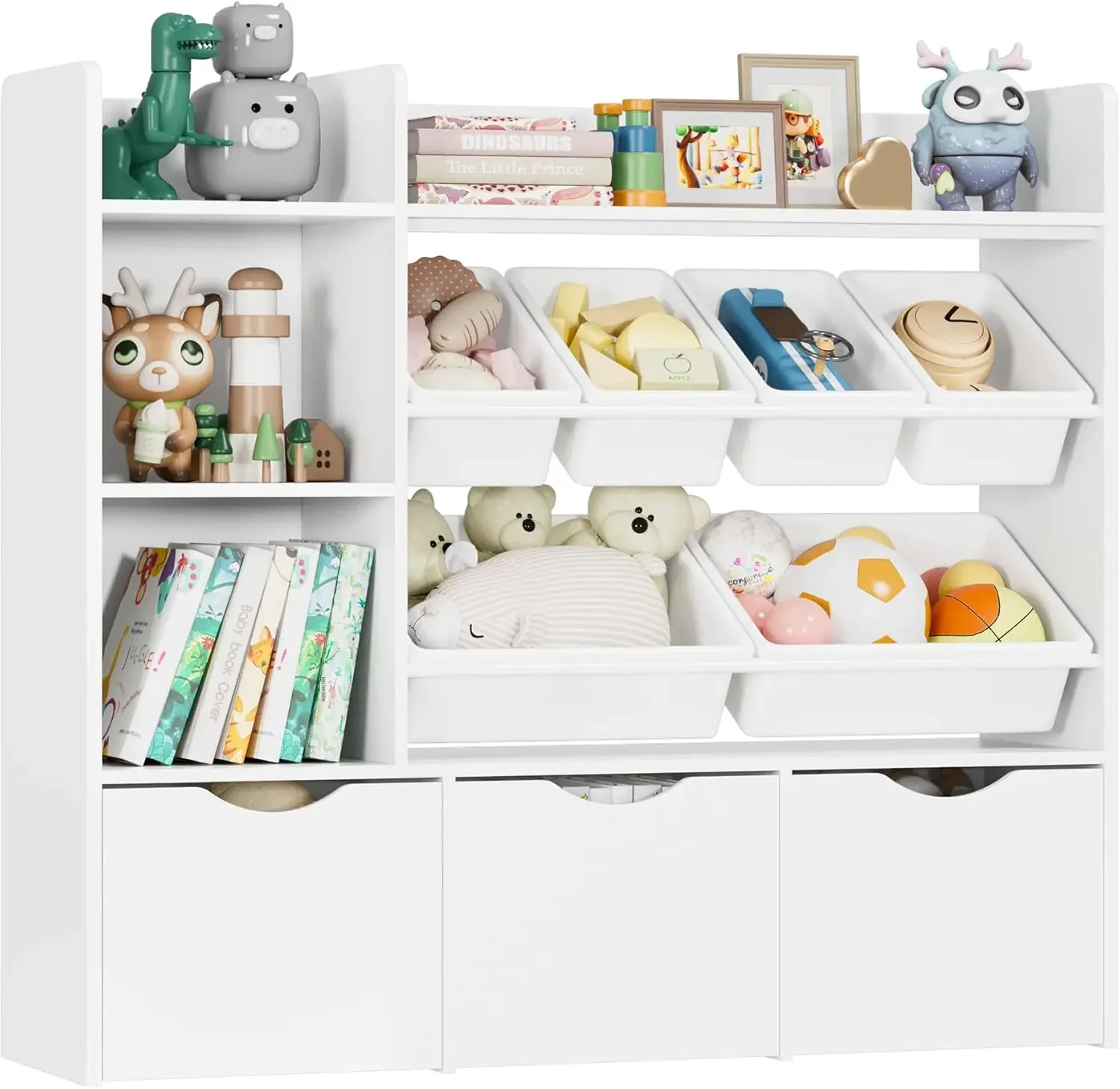 Organizador de almacenamiento con 3 cajones móviles, estantería y librería con 6 contenedores de plástico y 2 cubículos de almacenamiento, cómoda de juguete con Hid
