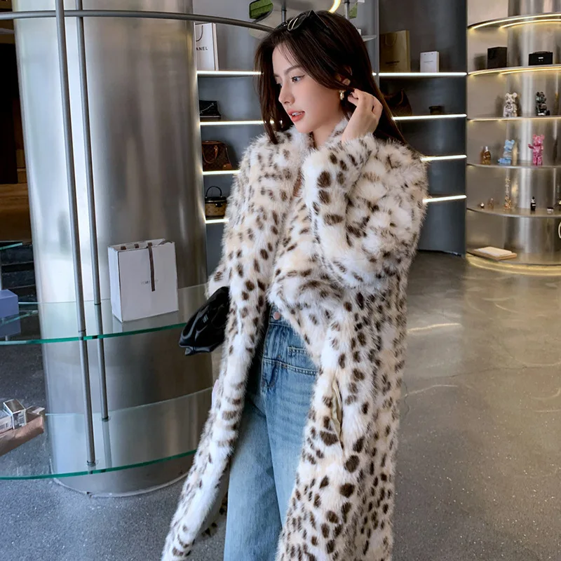 Women Faux Fox Fur Long Coats Leopard Print Thick Warm Coat Turn Down Collar Jackets Y2k Streetwear Outerwear Autumn Winter