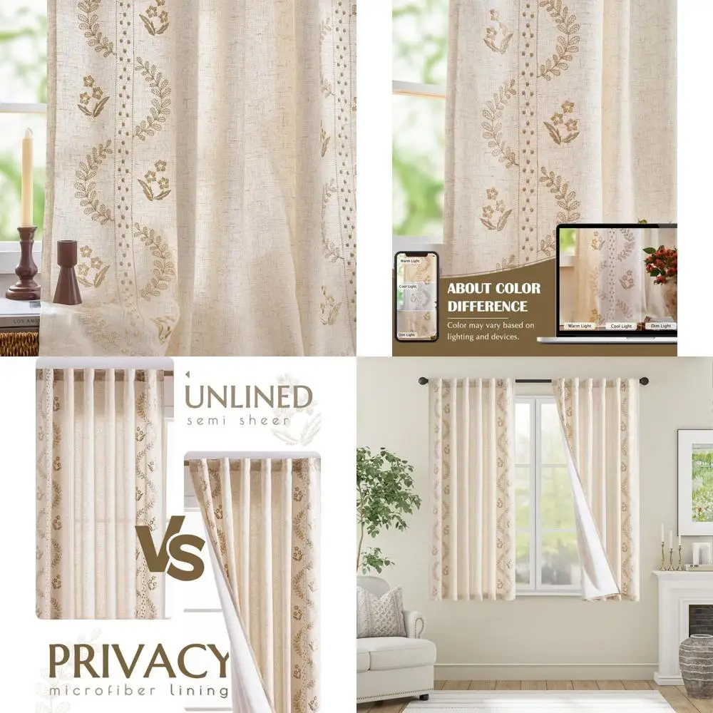 Beżowe, w stylu bohemy, z mieszanki lnu, z kwiatowym wzorem, z haftem, zestaw 2 paneli do sypialni i salonu.