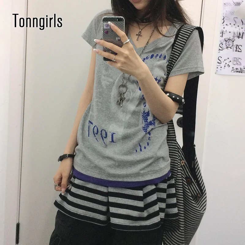 Tonngirls Harajuku Print T-Shirt Damen Kurzarm Y2k Vintage Tops Patchwork Grafik Tops American Retro 90er Streetwear T-Shirt