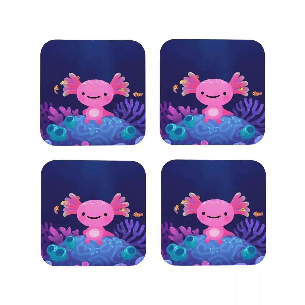 Coral Axolotl Coasters Kitchen Placemats Non-slip Insulation Cup Coffee Mats For Decor Home Tableware Pads Set of 4