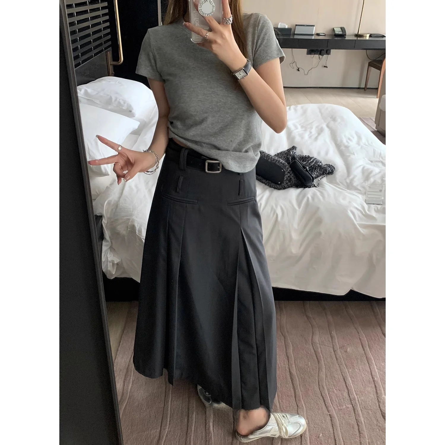 

ey Midi Skirt Women's Versatile High Waist f-length with Two Belts Y Studio Autumn Collection Pure Color Design