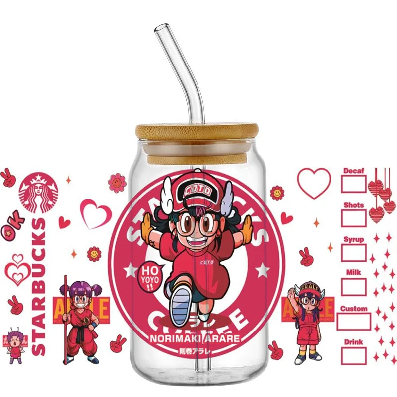 Miniso Dr. Slump Cute Girl 16OZ UV DTF Cup Wrap Transfer Sticker Custom Label DIY Waterproof Logo For Libbey Glass Can