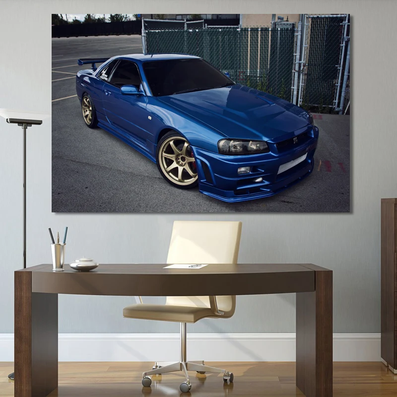 Supercar Vintage Skyline GT R R34 Blue Cars Posters Canvas Printed Wall Art Painting for Home Living Room Decor