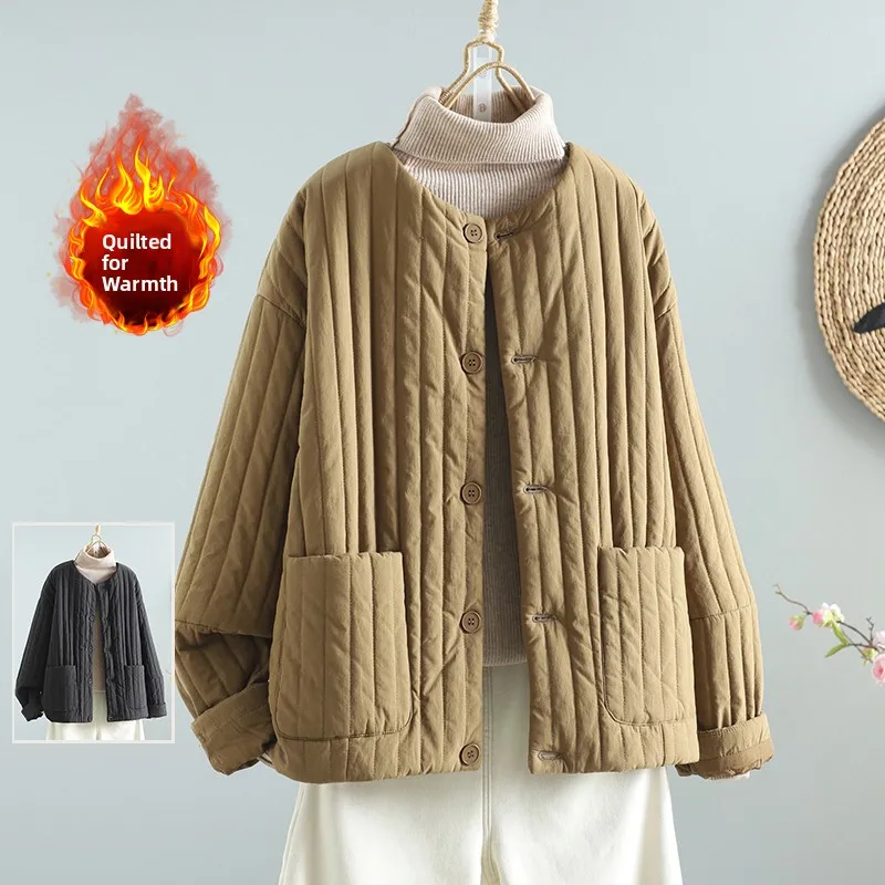 

Художественный цвет, стеганая полосатая хлопковая куртка большого размера, женское зимнее модное круглое повседневное хлопковое теплое пальто