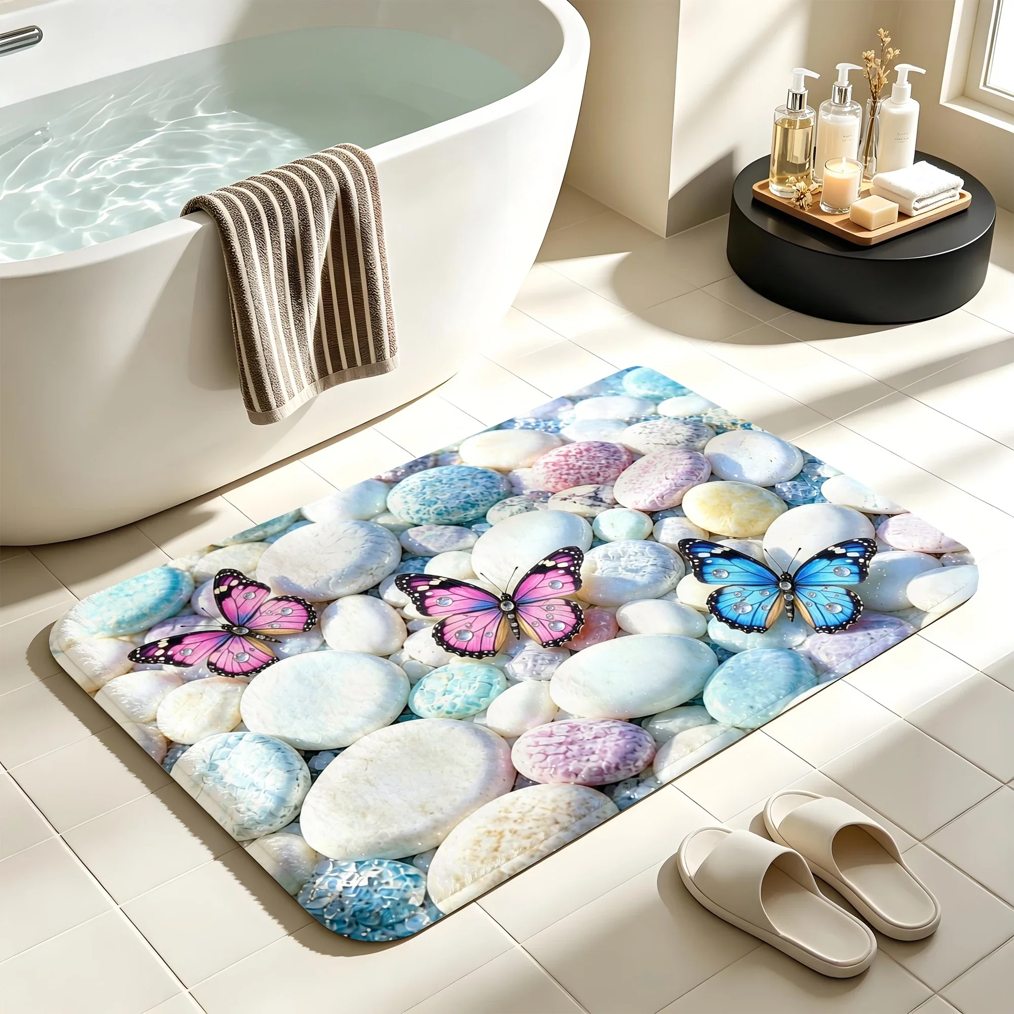 Bathroom use absorbent quick drying floor carpet home decoration flannel anti slip shower carpet pebble theme