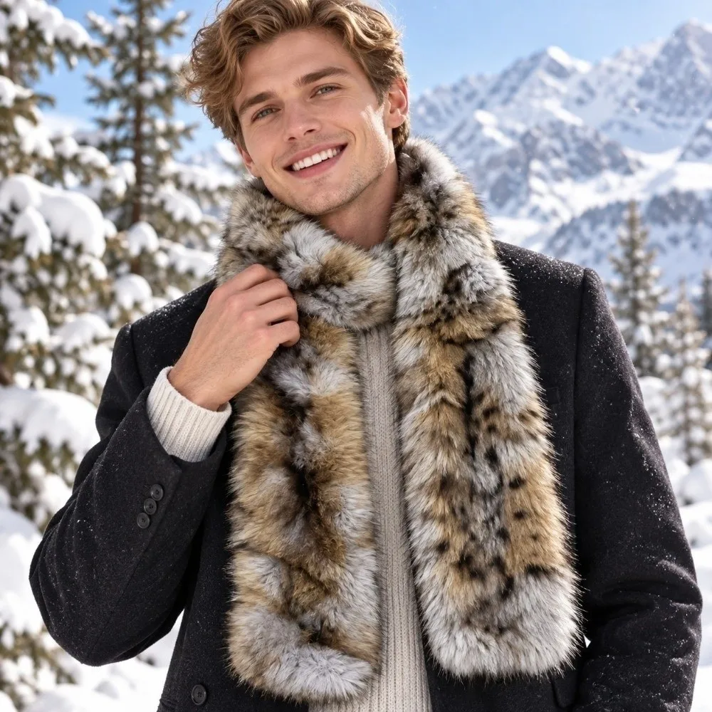 Faux Mink Leopard Print Scarf Fluffy Texture Thick Fabric Faux Fur Shawl Soft Touch Elegant Design Mink Neck Warmer Men